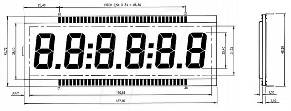7-сегментний РК-дисплей, 1x6, висота: 25,4 мм