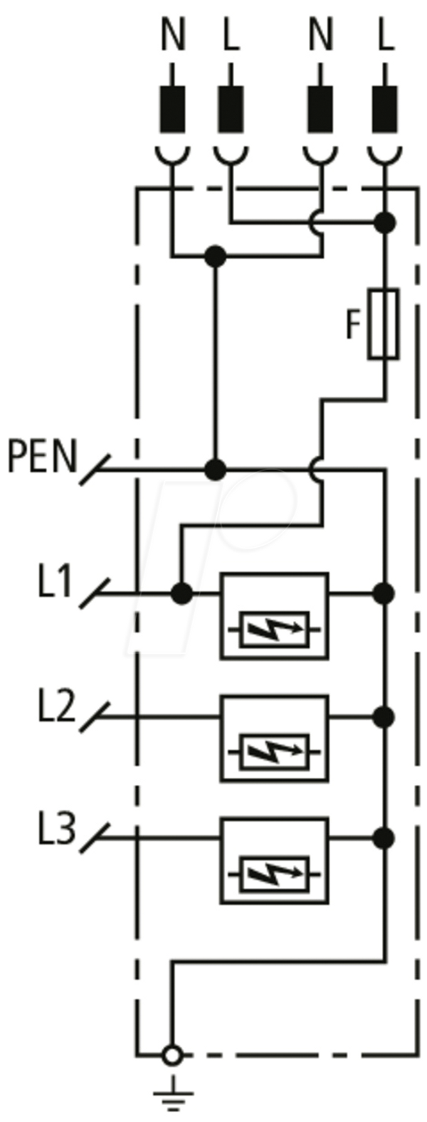 Комбінований розрядник, TN-C (конфігурація 3+0), місце для додаткових пристроїв