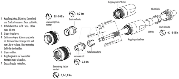 Кабельний роз'єм M9, серія 712, 5-контактний, екранований, під пайку, IP67