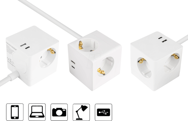 Розетковий куб, 3 м, 3-х захисні розетки, USB-C та USB-A, білий