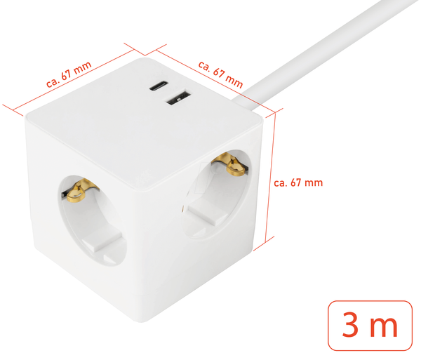 Розетковий куб, 3 м, 3-х захисні розетки, USB-C та USB-A, білий