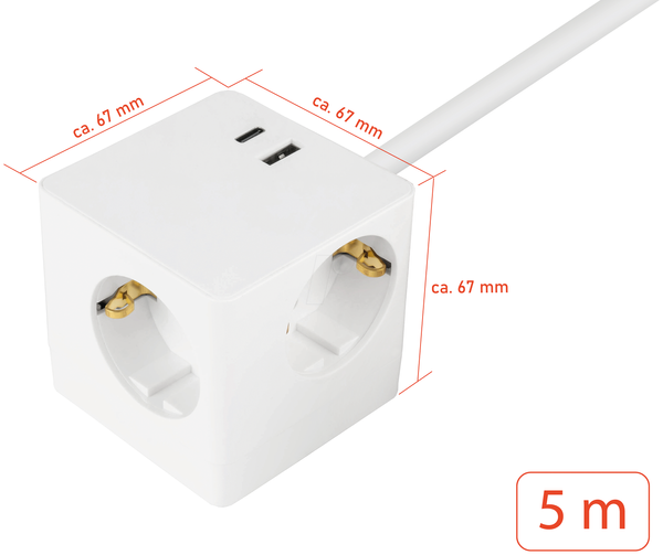 Розетковий куб, 5 м, 3 захисні розетки, USB-C та USB-A, білий