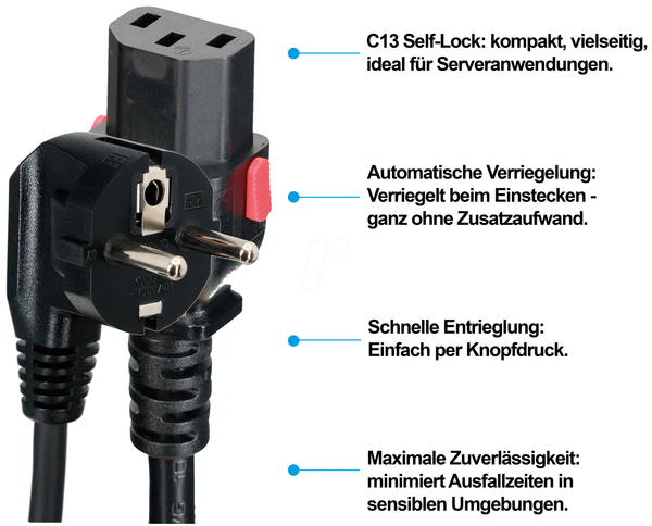 Netzkabel CEE 7/7auf C13, SelfLock, 5,0 м, чорний