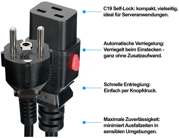 Netzkabel CEE 7/7auf C19, SelfLock, 3,0 м, чорний