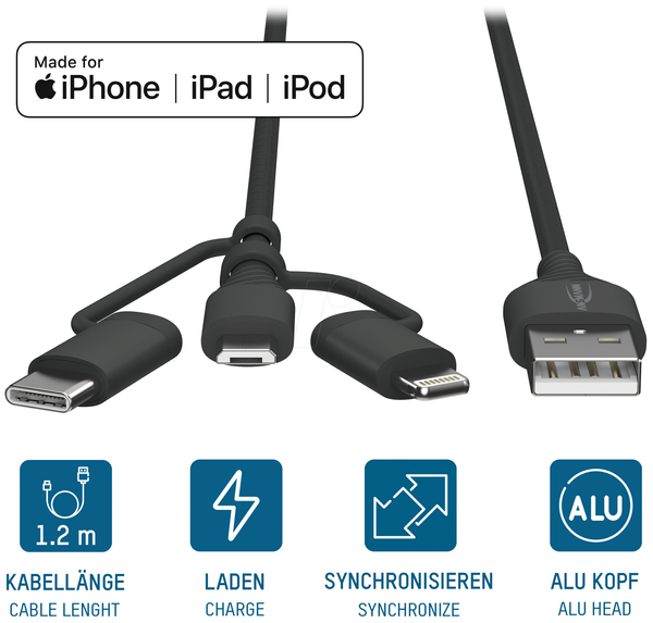 Зарядный кабель 3-в-1, Micro B/Type-C/Lightning, 1,2 м