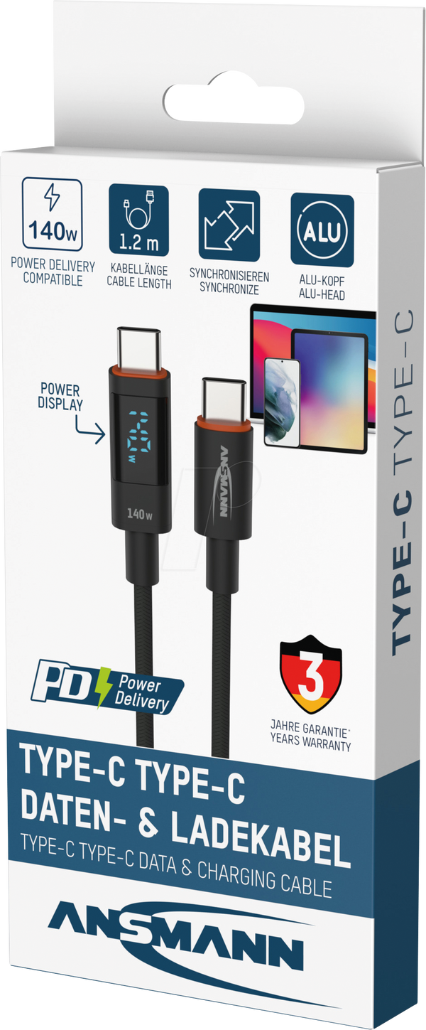 Кабель для передачі даних/зарядки з роз'ємом USB C, 140 Вт, 1,2 м