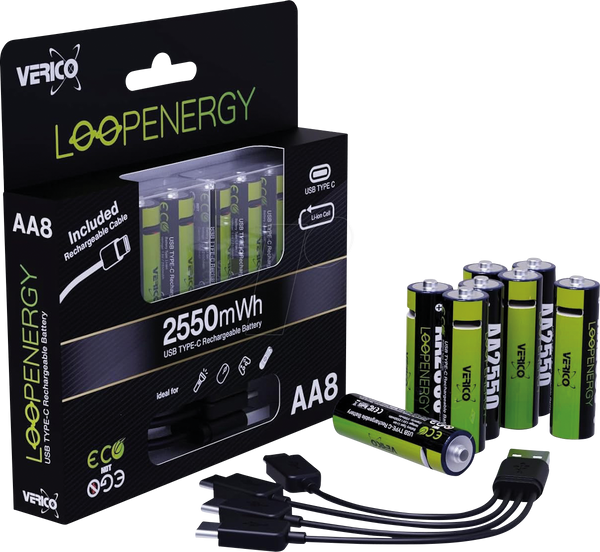 Літій-іонний акумулятор, AA, 1,5 В, 1700 мАг, USB-C, упаковка з 8 штук