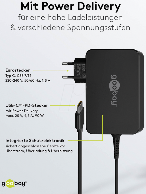 Зарядное устройство USB-C для ноутбуков, 90 Вт, чёрное
