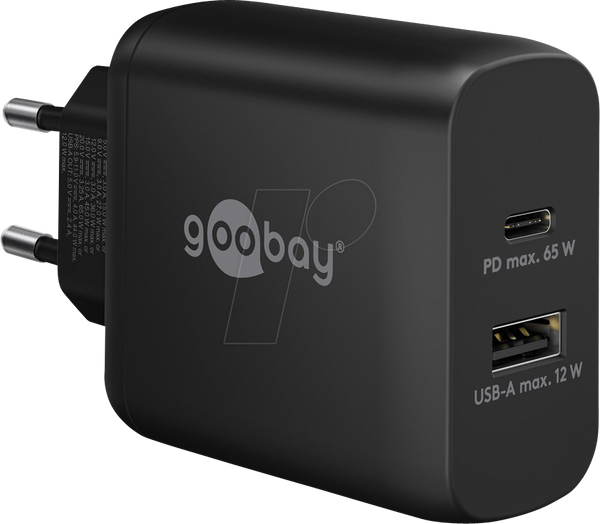 USB-зарядний пристрій, 65 Вт, 1x USB-A, 1x USB-C (PD), GaN, чорний
