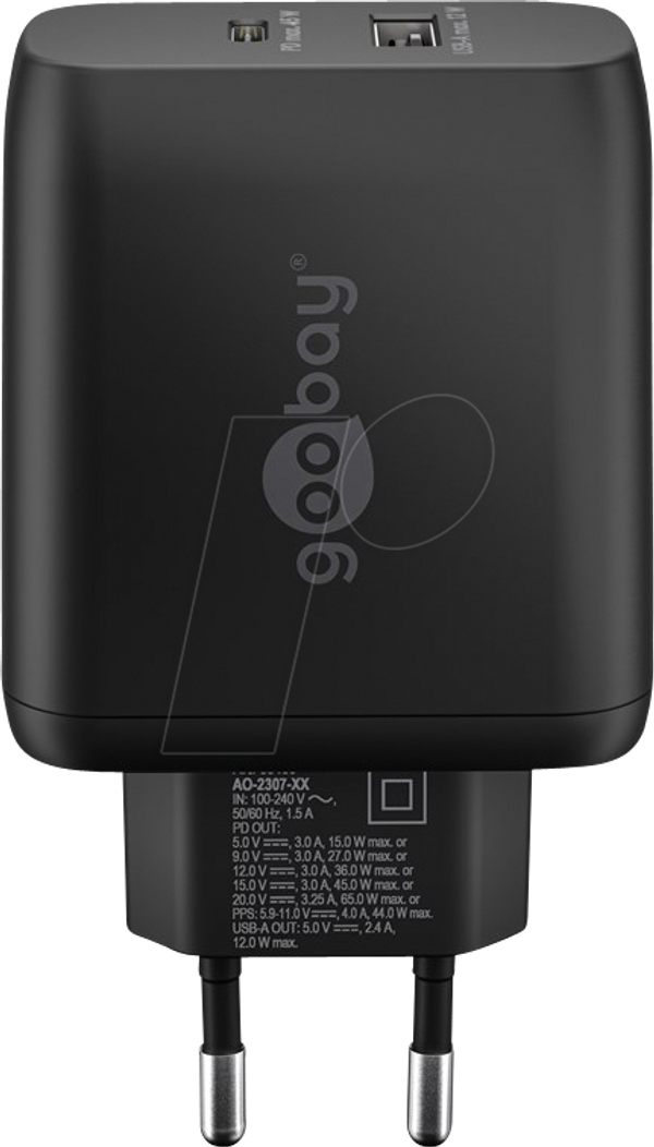 USB-зарядний пристрій, 65 Вт, 1x USB-A, 1x USB-C (PD), GaN, чорний