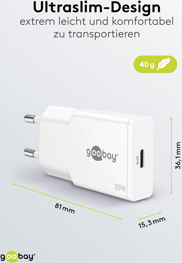 USB-зарядний пристрій, 30 Вт, 1x USB-C PD, GaN, білий