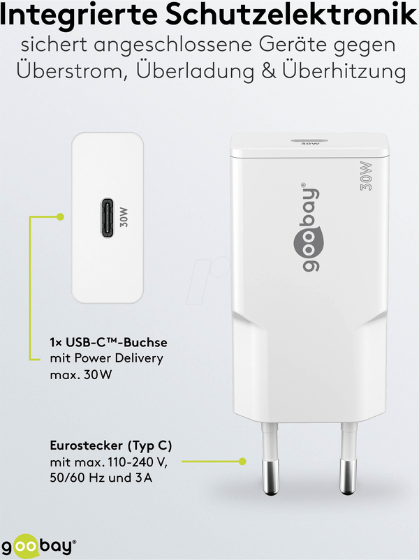 USB-зарядний пристрій, 30 Вт, 1x USB-C PD, GaN, білий