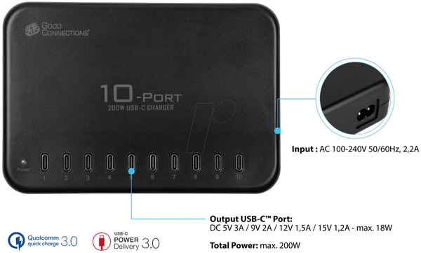USB-зарядний пристрій, 5 - 15 В, 3 А, 200 Вт, чорний