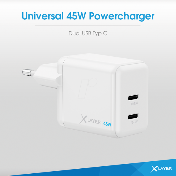 USB-зарядний пристрій, 5 - 20 В, 45 Вт, 2x USB-C, білий