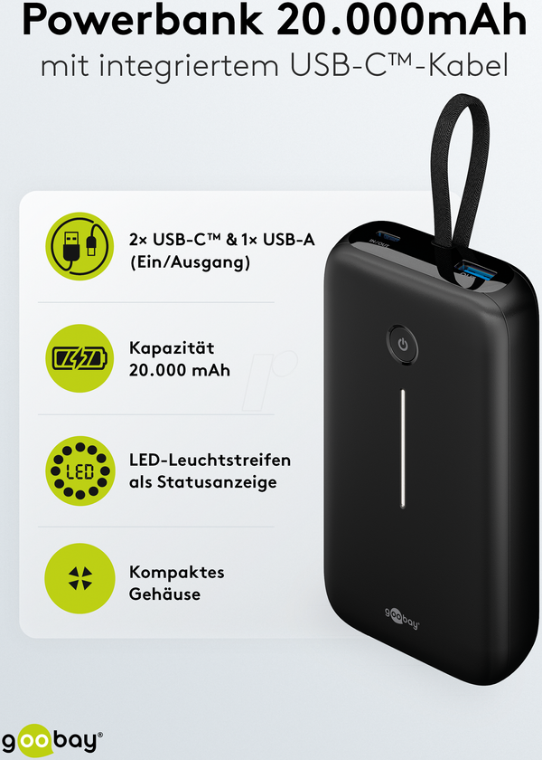 Зовнішній акумулятор, літій-полімерний, 20 000 мАг, 30 Вт, USB-A, 2x USB-C, з кабелем