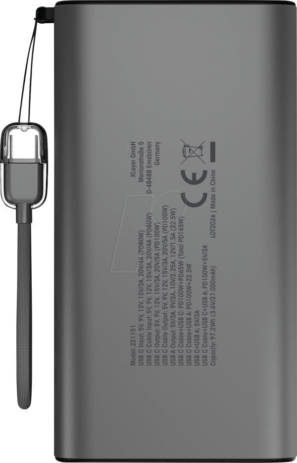 Зовнішній акумулятор, літій-іонний, 27000 мАг, USB-C, чорний