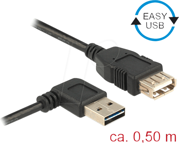 Кабель USB 2.0, кутовий штекер EASY A чоловічий - A жіночий, 0,5 м