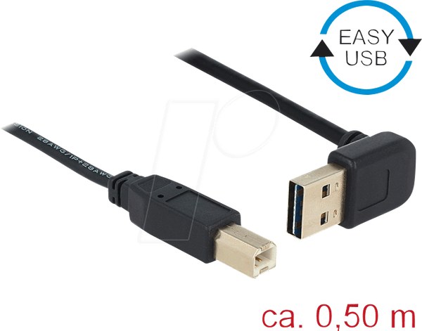 Кабель USB 2.0, кутовий штекер EASY A чоловічий - B чоловічий, 0,5 м