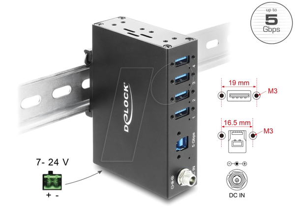 Промисловий концентратор 4 x USB 5 Gbps Type-A із захистом від електростатичної напруги 8 kV
