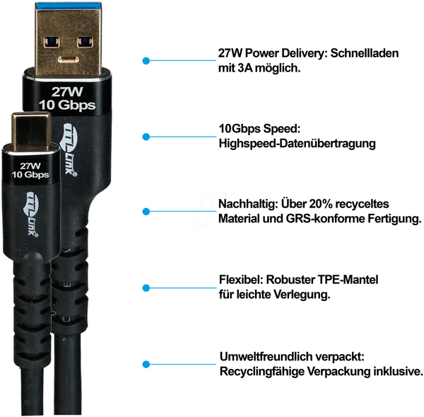 USB-кабель 10 Гбіт/с, роз'єм USB-A - USB-C, сумісний з GRS, 1.0