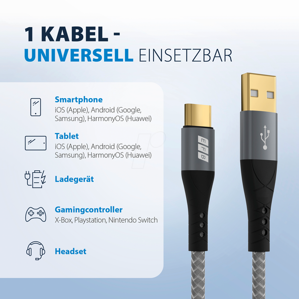 Комплект кабелів USB-A - USB-C 60 Вт QC 3A 3x2 м із сіро-золотими контактами, текстильний