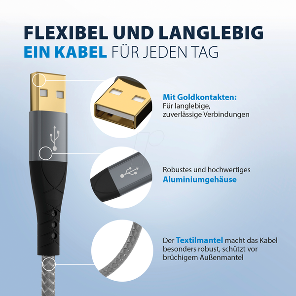 Комплект кабелів USB-A - USB-C 60 Вт QC 3A 3x2 м із сіро-золотими контактами, текстильний