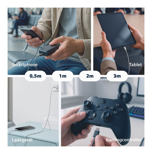 Комплект кабелів USB-A - USB-C 60 Вт QC 3A 3x2 м із сіро-золотими контактами, текстильний
