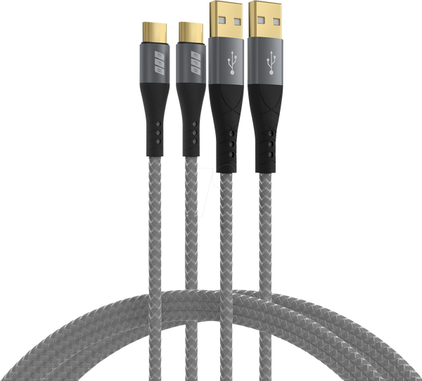 Комплект кабелів USB-A - USB-C 60 Вт QC 3A 2x1 м із сіро-золотими контактами, текстильний
