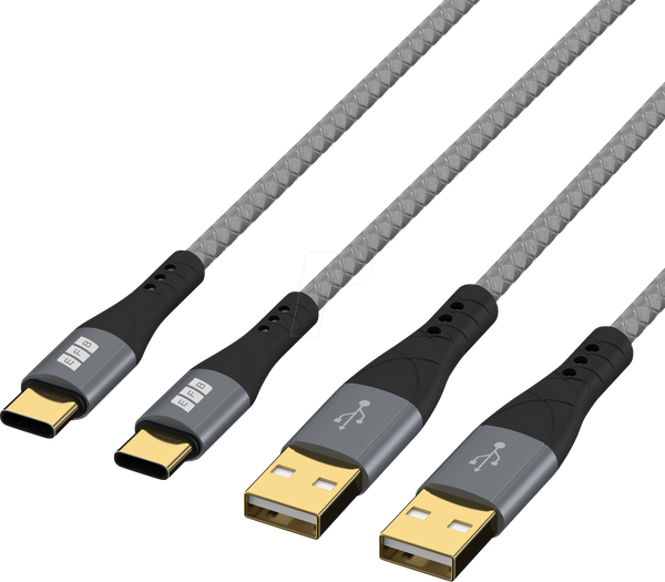 Комплект кабелів USB-A - USB-C 60 Вт QC 3A 2x1 м із сіро-золотими контактами, текстильний