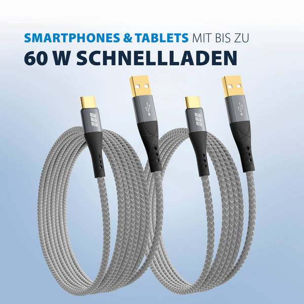 Комплект кабелів USB-A - USB-C 60 Вт QC 3A 2x1 м із сіро-золотими контактами, текстильний