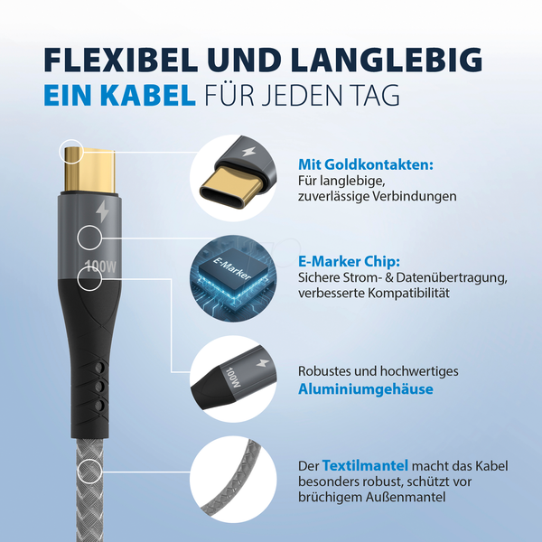 Кабель USB-C 100 Вт PD 3.0 5A E-Marker Chip 1 м із сіро-золотими контактами