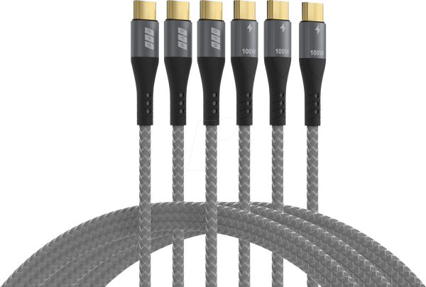 Комплект кабелів USB-C 100 Вт PD 3.0 5A E-Marker Chip 0,5 м + 1 м + 2 м сірий золотий