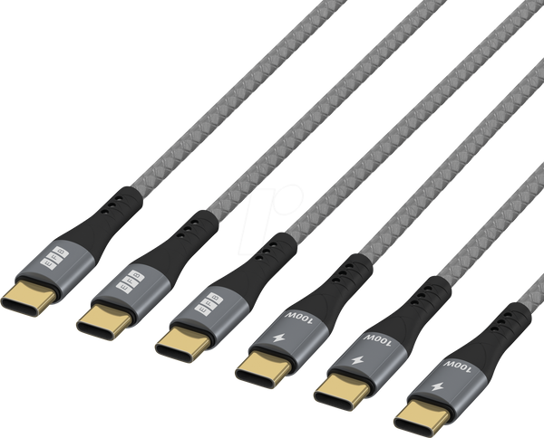 Комплект кабелів USB-C 100 Вт PD 3.0 5A E-Marker Chip 0,5 м + 1 м + 2 м сірий золотий