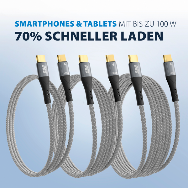 Комплект кабелів USB-C 100 Вт PD 3.0 5A E-Marker Chip 0,5 м + 1 м + 2 м сірий золотий