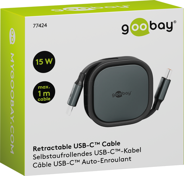 Кабель синхронізації та заряджання, USB-C > USB-C, 1 м, висувний, чорний
