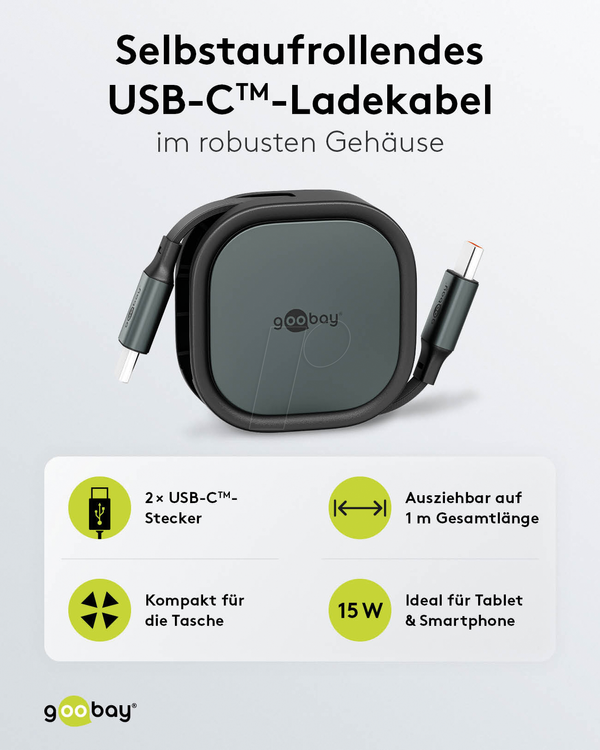 Кабель синхронізації та заряджання, USB-C > USB-C, 1 м, висувний, чорний