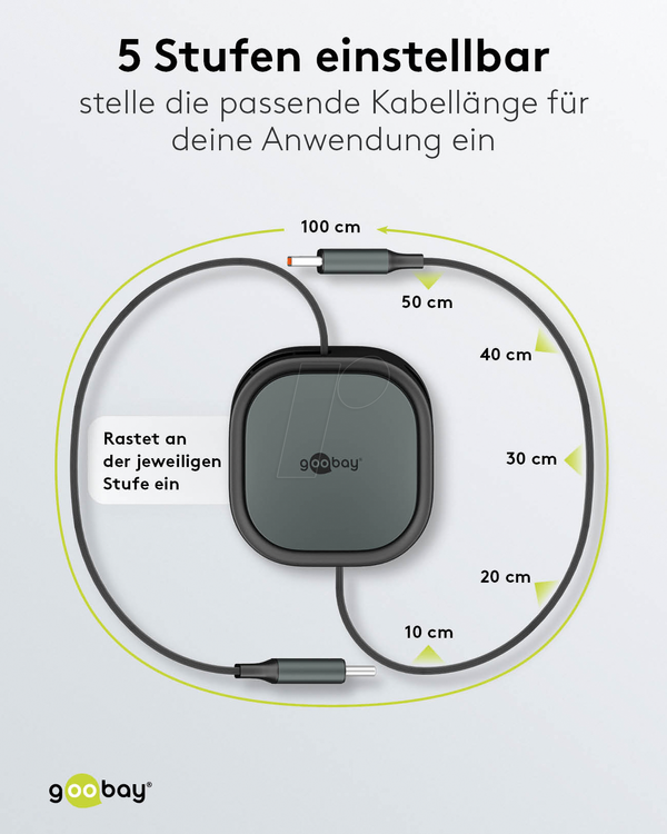 Кабель синхронізації та заряджання, USB-C > USB-C, 1 м, висувний, чорний