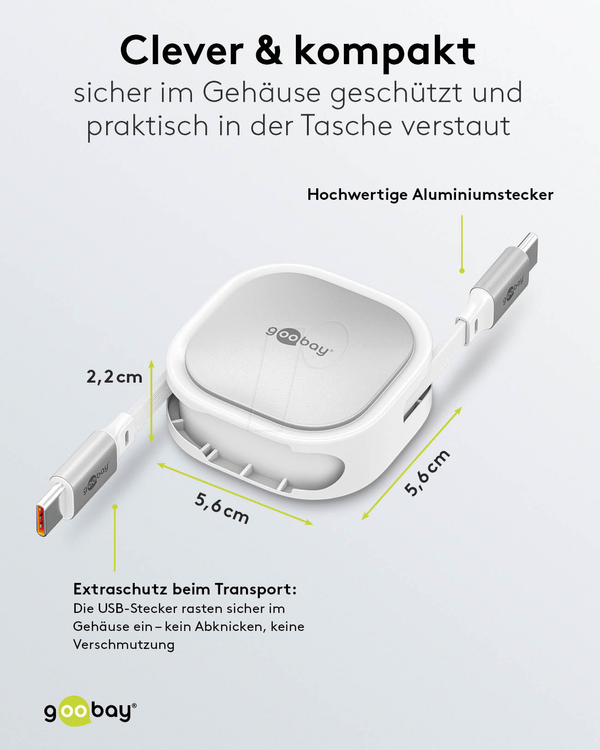 Кабель синхронізації та заряджання, USB-C > USB-C, 1 м, висувний, білий