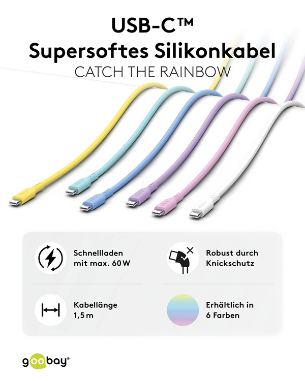 Зарядний кабель Syncand, USB-C, силіконовий, 1,5 м, упаковка з 6 штук