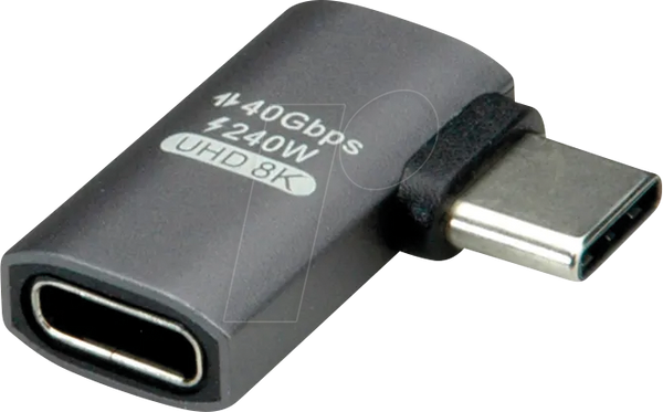 USB4адаптер, роз'єм USB-C > порт USB-C, 8K, 90°, плоский, сріблястий