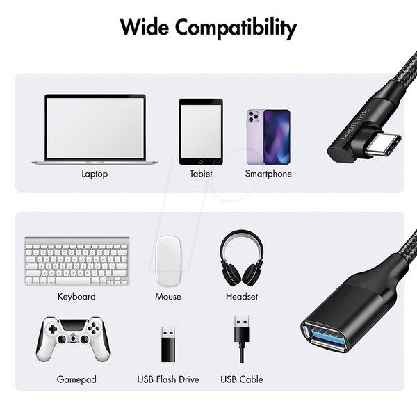Кабель USB 3.1, роз'єм типу C 90° > порт, 0,2 м