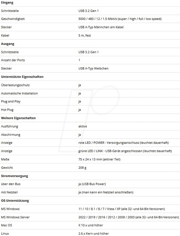 Активный кабель USB 3.0, разъем A > гнездо A, 10 м