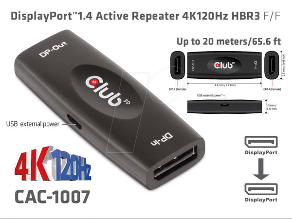 Повторитель DisplayPort 1.4, 4K, 120 Гц, 20 м