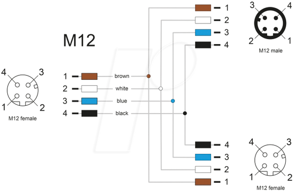 M12 Y-розгалужувач, A-код, 4 контакти, 1x гніздо > 1x папа / 1x гніздо