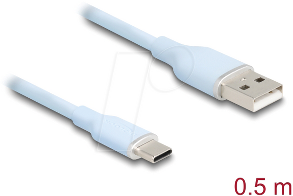 Кабель USB 2.0, штекер A > штекер C, силіконовий, синій, 0,5 м