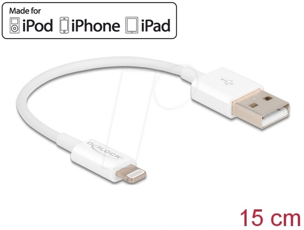 Зарядний кабель, USB-A -> Lightning, білий, 15 см