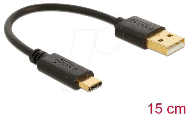 Зарядний кабель, USB-A -> USB-C, чорний, 15 см
