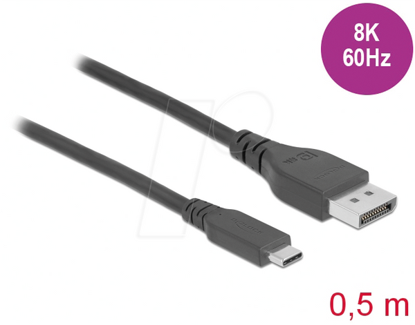 Кабель, USB-C -> DP, 8K 60 Гц, чорний, двонаправлений, 0,5 м