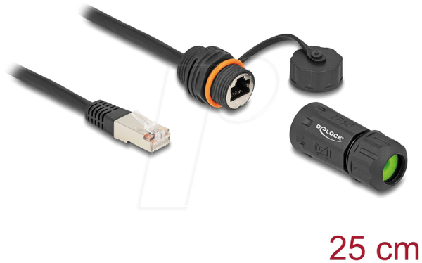 Монтажний адаптер RJ45, вилка/розетка, Cat.6a, 25 см, чорний
