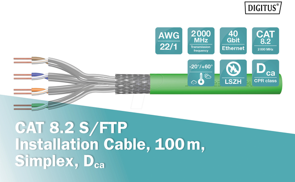 Монтажний кабель CAT 8.2 S/FTP, 100 м, симплексний, Dca